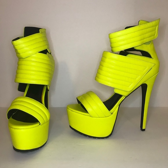 Shoes - Jennifer Choy Two Strap Neon Green Platform Heels